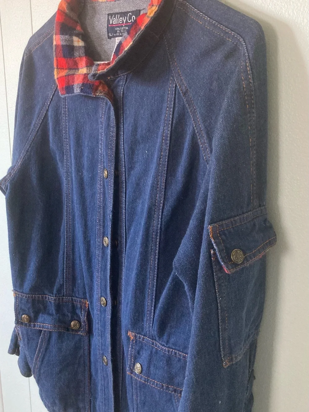 VALLEY CO SZ L Women's Denim Jacket with Red Plaid Collar 100% cotton VINTAGE